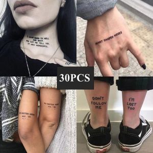 30 pièces autocollant de tatouage temporaire étanche diable noir ne dort pas lettres anglaises Flash Tatoo faux Tatto cou poignet pour femme