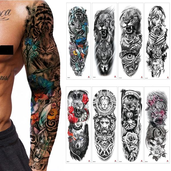 30 pièces en gros étanche bras complet tatouage temporaire Lion tigre pistolet yeux homme Sexy fleur femmes corps jambe Art autocollant 240311