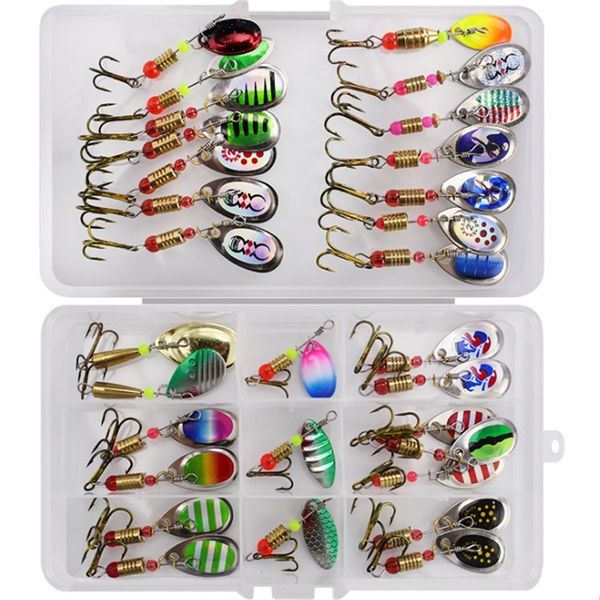 30pcs10pcs Kit de cuchara giratoria en caja Señuelos de pesca Señuelos de pesca Cebos artificiales Anzuelos de metal Bass Trucha Percha Lucio Lentejuelas giratorias 220523