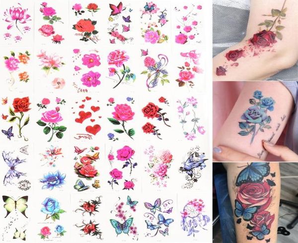 30 unidades de pegatinas de tatuaje de transferencia de agua con flores rosas, mariposas, mujeres, cuerpo, brazo, manga falsa, arte, decoraciones temporales, 1211979