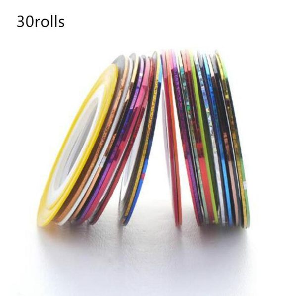 Rouleaux multicolores de couleurs mélangées, 30 rouleaux de ruban à rayures, décorations d'art des ongles, autocollants à faire soi-même, Tips6958298