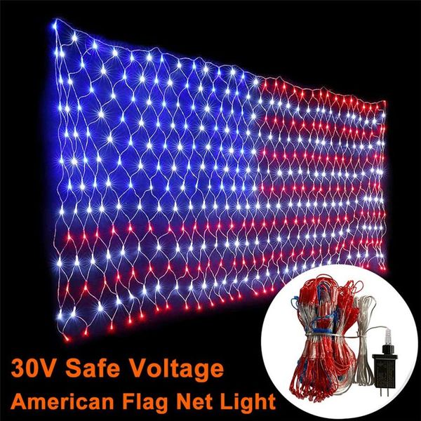 Guirlande lumineuse LED drapeau américain 30V, ornements suspendus, décoration de jardin, filet lumineux de noël, féerique d'extérieur étanche, 216k