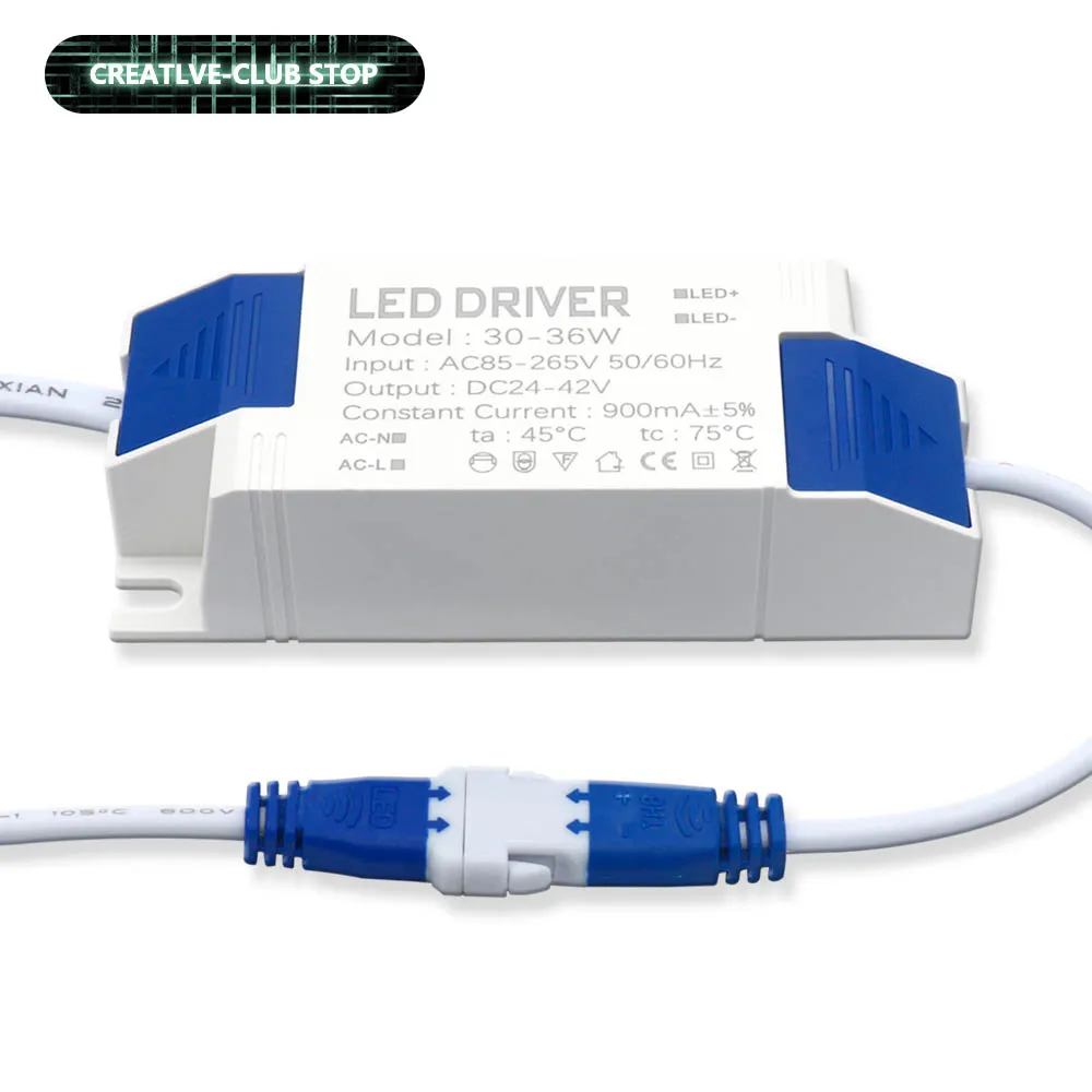 30W-36W LED Panel Lamp Power Supply Unit Lighting Transformer AC85-265V Output 600mA DC24-42V External LED Driver DC Connector
