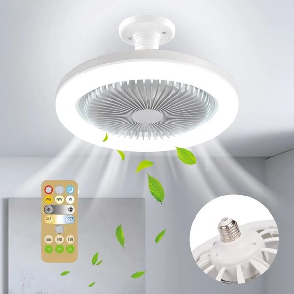 Ventilateur de plafond 30W 48W avec lampe d'éclairage E27 Base de convertisseur avec télécommande pour chambre à coucher maison silencieuse AC85-265V