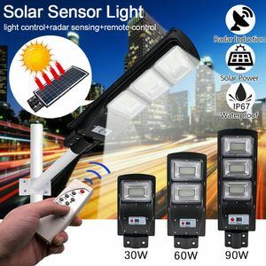 30W 60W 90W 120W Farola solar Radar Sensor de movimiento Impermeable IP67 Pared Paisaje exterior Jardín Luz de carretera con poste