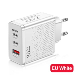 Cargador USB-C de 30 W 3 puertos PD USB tipo C Carga rápida QC3.0 Adaptador de corriente Cargadores de pared EE. UU. UE Reino Unido Enchufes para iPhone 15 Plus 14 13 11 Samsung Utral Pro Max Travel Home Teléfono inteligente