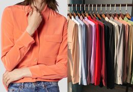 34 kleuren lente zomeruitrusting zijden blouse shirt met lange mouwen revershals dubbele zakken met één borste bovenste shirts h3F27ASZSWJFS