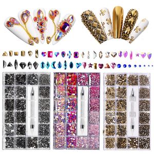 3100 PCS Diverses formes Crystal Ab Nail Rinasons Ensemble de la décoration de diamant multiple avec stylo de prise en 21 grilles Box 240415