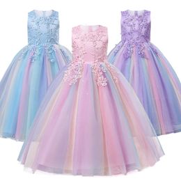 312 ans Girls Luxury Rainbow Tulle Lace Flower Bridesmaid Wedding Party Robes Children Colorful Graduation Ceremony Costume 240321