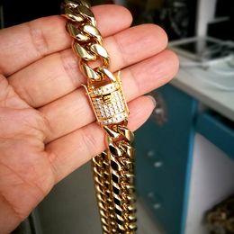 Acier inoxydable 316L plaqué or 18 carats fermoir en fonte diamant chaîne cubaine collier hommes Hip Hop chaînes gourmettes bijoux 14mm 20 "/22"/24 "/26"/28 "/30"