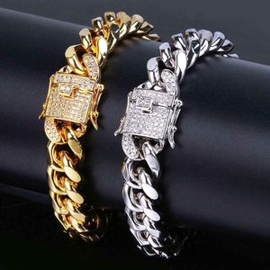 316L roestvrij staal 18K Real Gold Galomoplated Micro-Studded Diamond Sluiting Miami Cuba Link Armband Voor Mannen Hoog Gepolijste Iced Out