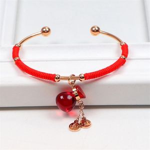316L roestvrijstalen armbandbarmel voor vrouwen rood touw Chinese stijl kalebasfles ros￩ goud 18 kgp open armbanden225H