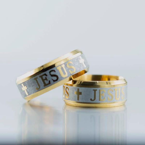 Anillo de Jesús cristiano de acero inoxidable, anillos de dedo con cola dorada para mujeres y hombres, joyería de moda hip hop