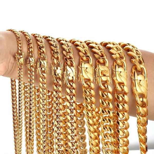Cadena de eslabones cubanos de acero inoxidable 316L, collares, pulseras, Hiphoop, alto pulido, chapado en oro de 18 quilates, conjuntos de joyas, cadenas de gargantilla Me255G