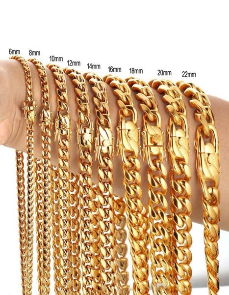 Cadena de eslabones cubanos de acero inoxidable 316L, collares, pulseras, Hiphoop, alto pulido, chapado en oro de 18 quilates, conjuntos de joyas, cadenas de gargantilla Me9918526