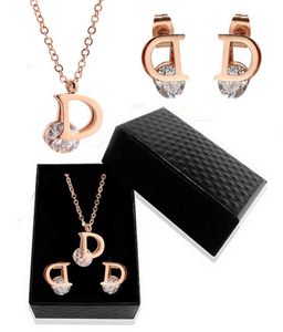 Ensemble de boucles d'oreilles et collier en titane et cristal incrusté de lettres d en acier inoxydable 316l, ensemble de bijoux en or Rose qui ne se décolorent pas pour dames