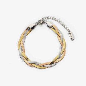 Joyería de lujo de moda de acero inoxidable 316l, pulseras de cadena de serpiente plana con abalorio entrelazado de tres colores, brazaletes para mujer