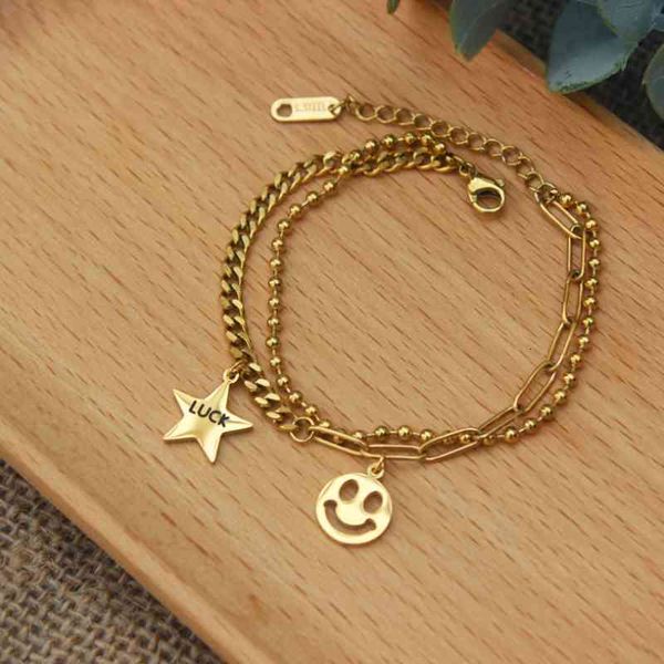 316l acier inoxydable mode haut de gamme bijoux 2 couches étoile Smiley sourire breloques perlé asymétrie chaîne Bracelet pour les femmes