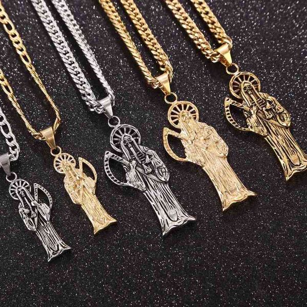 Colgante de Santa Muerte de acero inoxidable 316L con cadena de 9MM, collar para hombre en tono dorado, regalos para hacer joyas DIY