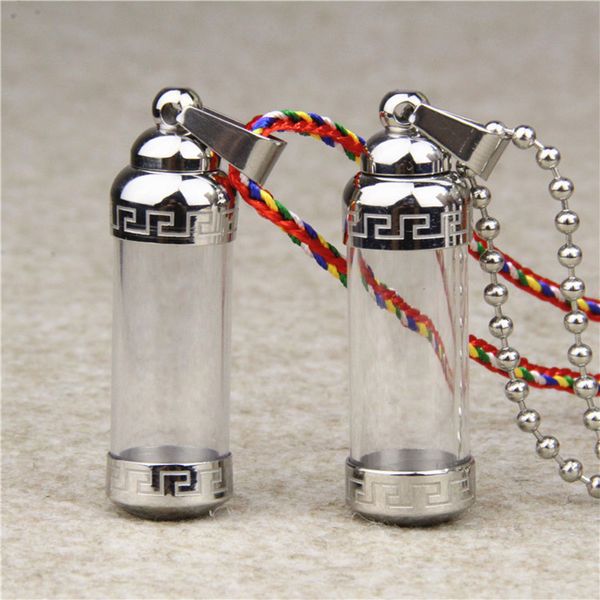 Bouteille de stockage en acier inoxydable 316L Bouteilles de parfum Médaillons d'huile de peau Pendentifs Urne de cendres Collier Tube de verre Cylindre Amoureux Bijoux Hommes Femmes Couples Souvenirs Cadeaux