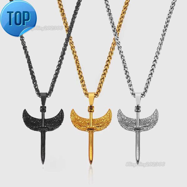 316L acier véritable or croix pendentif étanche bijoux ange ailes épée collier blé chaîne Hip Hop collier pour hommes