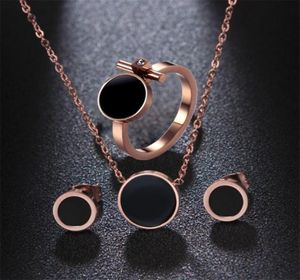 316L titanium stalen sieradenset roségoud zwart emaille ring oorbellen kettingset4579517