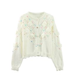 319 2023 Runway Summer Marque Même Style Pull À Manches Longues Cardigan Col Rond Perles Blanches Rayé Vêtements De Mode De Haute Qualité Femmes Yuecheng