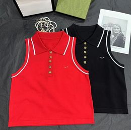 319 2023 Runway Summer Brand Same Style Sweater Korte Mouw Zwart Red Red Revers Neck Streepte Mode Kleding Witte hoogwaardige Womens Xue