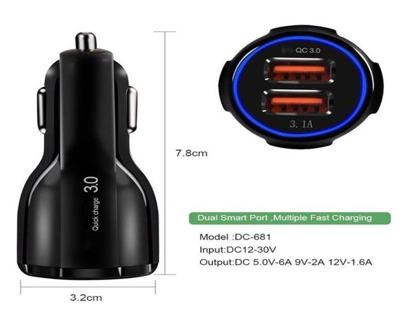 31A QC30 Carga rápida rápida Puertos USB duales Cargador de coche Adaptadores de corriente para Iphone 7 8 11 12 13 mini Samsung Huawei teléfono Android p2243294