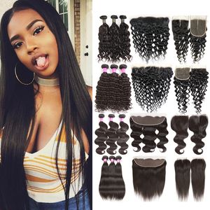 32 32 34 Menselijk Maagd Haar Straight Body Diep Water Natuurlijke Wave Kinky Jery Curly Bundels met Kantsluiting Frontale Transperant Pre Plucked Braziliaanse Remy Weefs Inslag