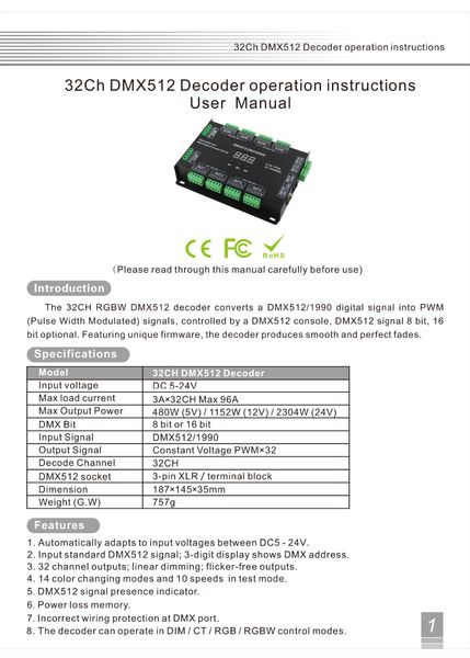 Contrôleur de décodeur LED 32 canaux 96A RGBW DMX 512, variateur DMX DC5-24V RGBW RGB lumière LED 8 bits/16 bits