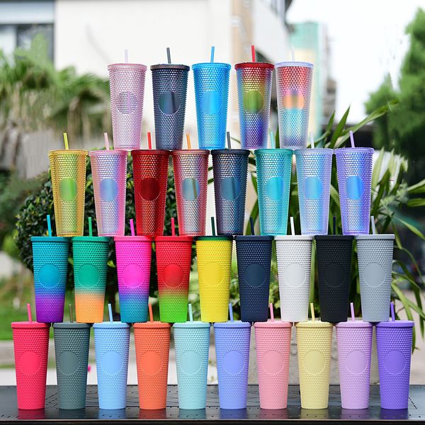 17 couleurs gobelets cloutés à double paroi de 24 oz avec couvercle en paille réutilisables 710 ml tasses froides en plastique rayonnantes bouteilles d'eau en acrylique transparent en forme de diamant Durian Logo personnalisé