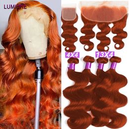 32 paquetes de ondas corporales de color naranja jengibre con cierre de encaje frontal HD con paquetes Ombre tejido de cabello humano crudo 3/4 oferta de paquete 240312