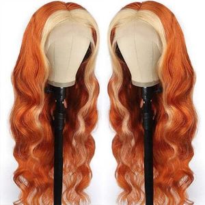 Perruque Lace Front Wig Body Wave naturelle, cheveux humains, Body Wave, gingembre Orange, avec rayures blondes 613, 13x4, pre-plucked, 32 pouces, pour femmes