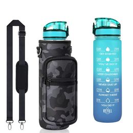 32 oz waterflessen bedekken en stro strap motiverende bekertijden om te drinken BPA gratis 1L herbruikbare sportwaterfles met mouwdrager buiten e0525