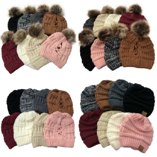 Gorro de calavera entrecruzado de 32 estilos para mujer y niña, gorros tejidos de invierno, gorro con cola de caballo para exteriores, pompón desmontable