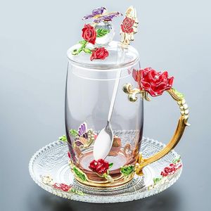 320 / 350ML Belle tasse en émail, verre, ensemble ménager, thé aux fleurs, tasse à café en cristal, chope à bière, cadeau de mariage pour couple 210326