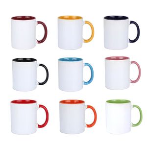 Taza de cerámica en blanco con sublimación de 320ml, taza de café con transferencia de calor de color interno, tazas de agua con mango para el hogar, 9 colores