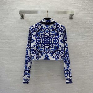 329 Camisa Blusa alta Ropa 23SS Cuello para mujer Diseñador Morica Azul y blanco Porcelana Impreso Hebilla Solapa Manga larga Camisa corta Top Wome