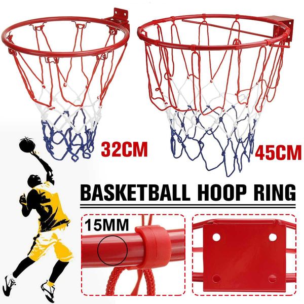 Cesta de acero para niños y adultos de 32cm/45cm, anillo de bolas, red de aro con tornillos, borde de baloncesto montado en la pared, red para deportes al aire libre en interiores