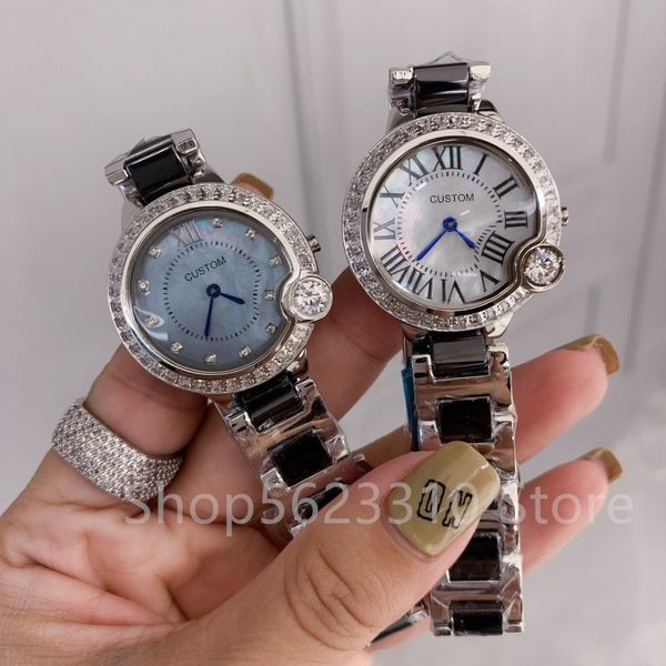 32mm marque de mode strass Quartz montre-bracelet en acier heures romaines horloge femme blanc céramique montre Fine perle coquille cadran montres
