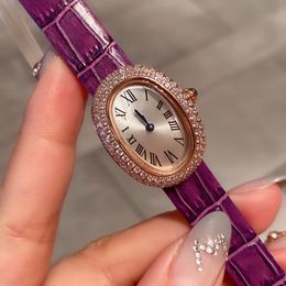 32mm Nieuwe Minimalism Geometrische Ovale horloges Roestvrij staal Roman Number Quartz Polshorloge Dames Purple Lederen Klok