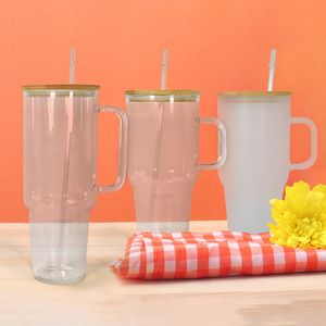 Vaso de vidrio de sublimación de 32 oz 40 oz con asa Botella con forma de tapa de madera y pajita Vaso de verano Mason Jar Juice Cup Z11