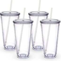 Gobelets en plastique transparent à double paroi de 32 oz avec couvercles et pailles Tasse de voiture en acrylique de grande capacité Tasses isolées réutilisables 124 pièces / ensemble 240219