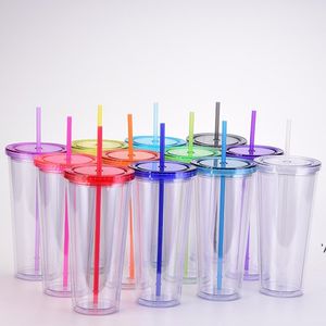 Gobelets maigres de 32 oz tasses à café minces tasse à eau en acrylique transparent à double paroi réutilisable avec couvercle et paille en plastique à boire par la mer CCB15196