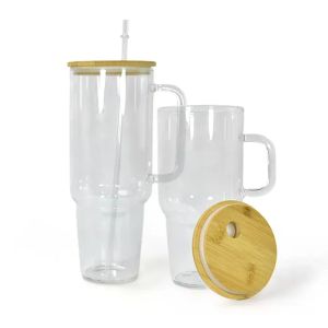 32oz Subilation Verre Tobus avec poignée Bamboo Coud Vier Grossé Verre transparente Tasses à bière à grande capacité Wine Cola Beverage Coup