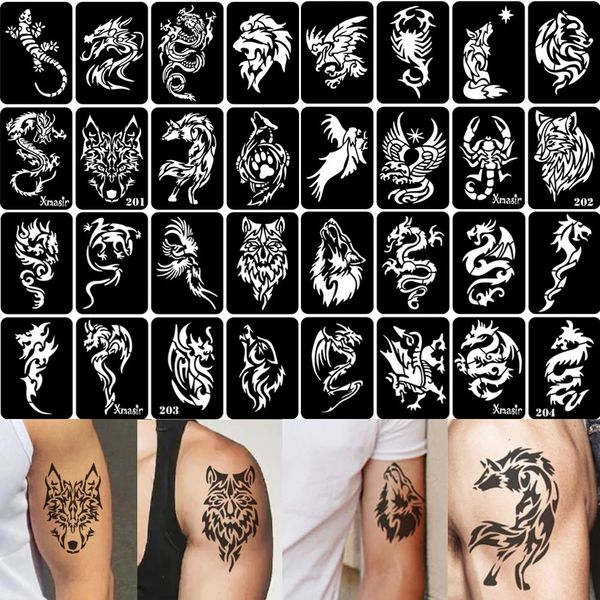 32pcs aérographe tatouage temporaire pochoir pour hommes bras dos corps art peinture bricolage modèles de paillettes faux ensemble 67cm95 cm 240322