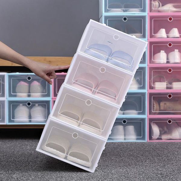 33 * 23 * 14cm Épaissir Boîte à chaussures en plastique transparent Boîtes de rangement anti-poussière Flip Transparent Bonbons Couleur Chaussures empilables Organisateur Décoration de la maison Bacs 50pcs