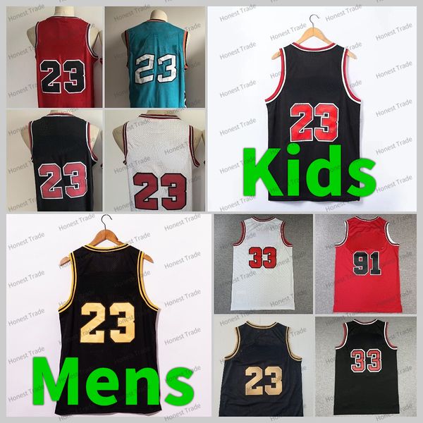 Camiseta de baloncesto retro para hombres y niños 33 Scottie Pippen Hombres # 1 Derrick Rose 91 Dennis Rodman Jerseys Blanco Rojo Rayas negras Todas las camisetas retro cosidas para hombres Chi # 23