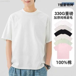T-shirt à manches mi-longues pour hommes, 330g, Xinjiang, coton à longues fibres, surdimensionné, ample, manches courtes, unisexe, chemise à fond vierge